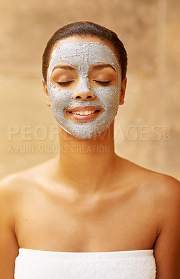 Buy stock photo Woman, exfoliate and mud mask at spa, facial treatment and detox or cleaning dermatology. Female person, self care and chemical peeling or skincare to pamper, cosmetics and happy with clay for acne