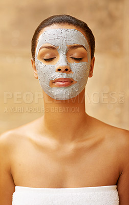 Buy stock photo Woman, beauty and mud mask at spa, facial treatment and detox or cleaning dermatology. Female person, self care and chemical peeling or skincare to pamper, cosmetics and exfoliate clay for acne