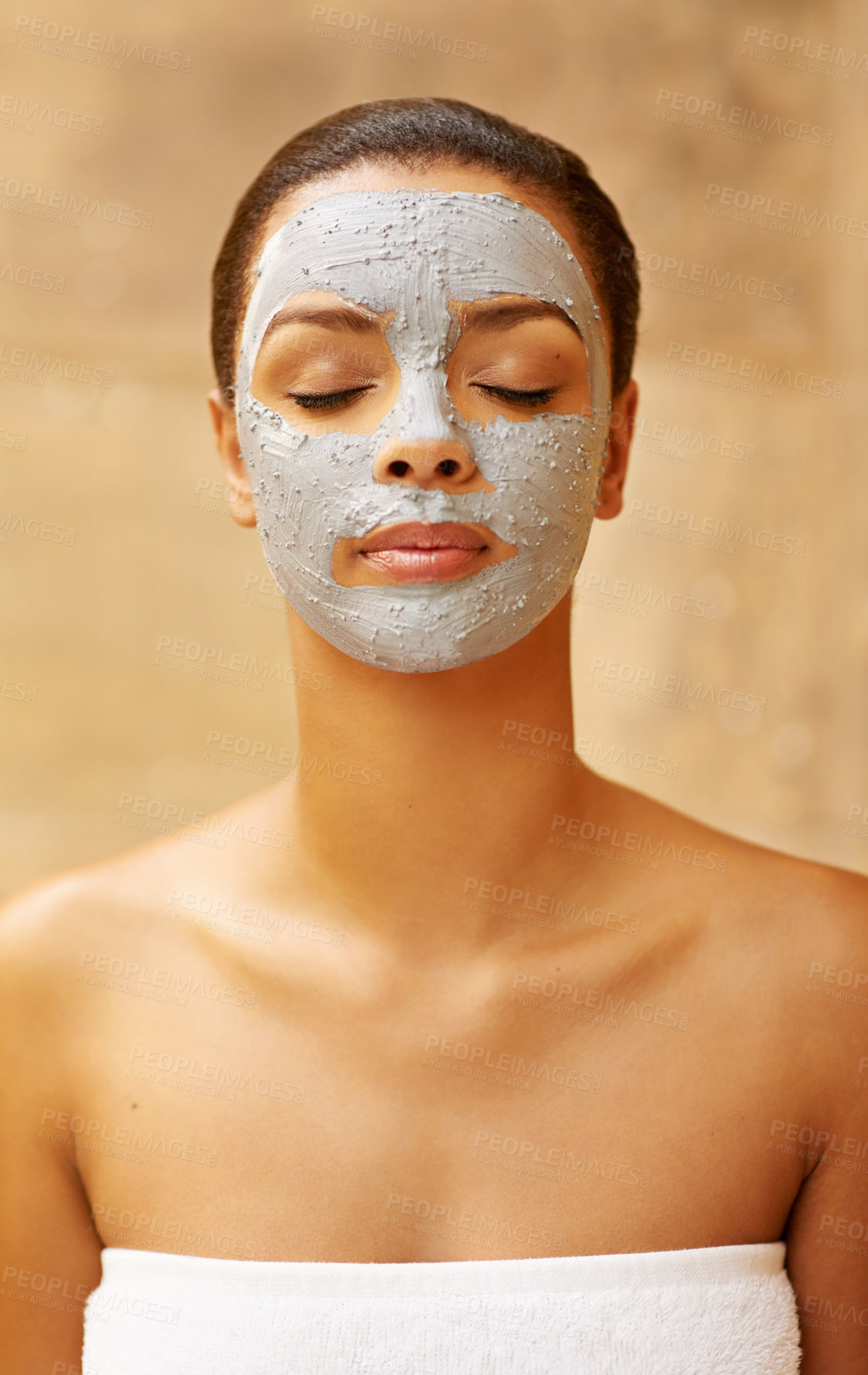Buy stock photo Woman, beauty and mud mask at spa, facial treatment and detox or cleaning dermatology. Female person, self care and chemical peeling or skincare to pamper, cosmetics and exfoliate clay for acne