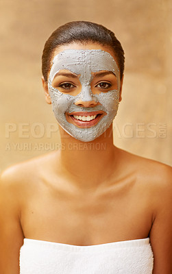Buy stock photo Woman, portrait and mud mask at salon, facial treatment and detox or cleaning dermatology. Female person, self care and chemical peeling or skincare to pamper, cosmetics and exfoliate clay for beauty