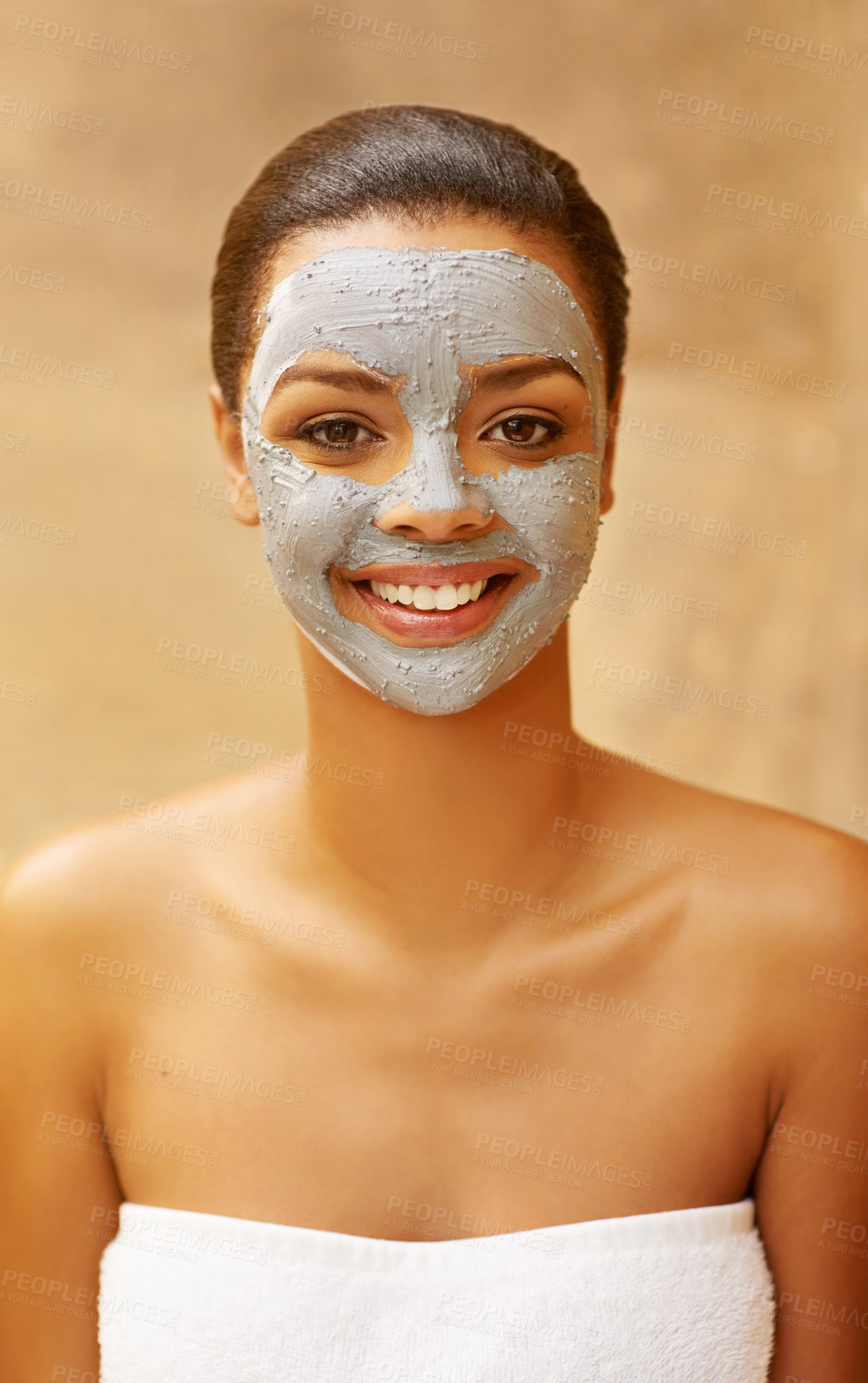 Buy stock photo Woman, portrait and mud mask at salon, facial treatment and detox or cleaning dermatology. Female person, self care and face glow or skincare to pamper, cosmetics and exfoliate clay for beauty