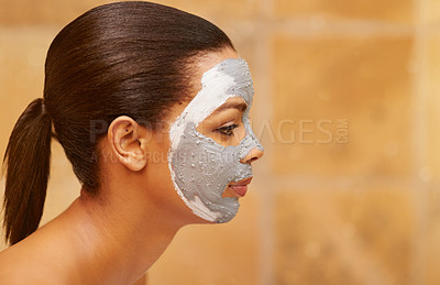 Buy stock photo Woman, profile and clay mask at spa, facial treatment and detox or cleaning dermatology. Female person, self care and face cosmetics or skincare to pamper, mockup space and exfoliate for beauty
