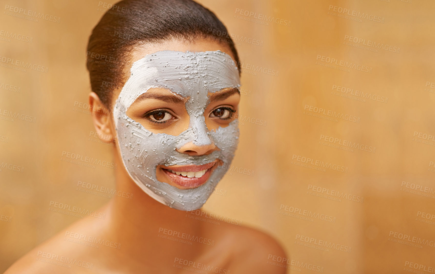 Buy stock photo Woman, portrait and clay mask at spa, facial treatment and detox or cleaning cosmetics. Female person, beauty and chemical peeling or skincare to pamper, mockup space and exfoliate or scrub for acne