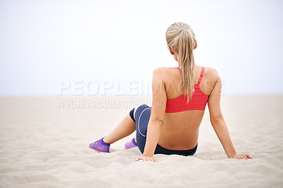 Buy stock photo Fitness, thinking and back of woman on beach for exercise, training and workout in nature. Yoga, sports and person on sand for warm up, rest and relax for wellness, health and performance by ocean
