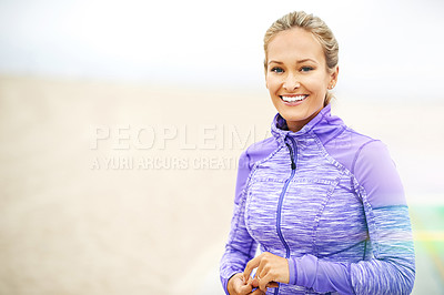 Buy stock photo Woman, runner and happy in portrait by beach, exercise and training for marathon in sportswear. Female person, outdoors and fitness for healthy body, jog and cardio challenge for active workout