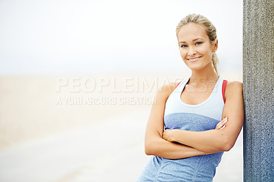 Buy stock photo Woman, runner and portrait by beach road, exercise and training for marathon in sportswear. Female person, outdoors and fitness for healthy body on street, jog and cardio challenge for active workout