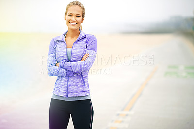Buy stock photo Road, portrait or woman with arms crossed for exercise, training or fitness workout in promenade. Confident, happy or sports athlete runner with smile ready to start practice at a beach for wellness
