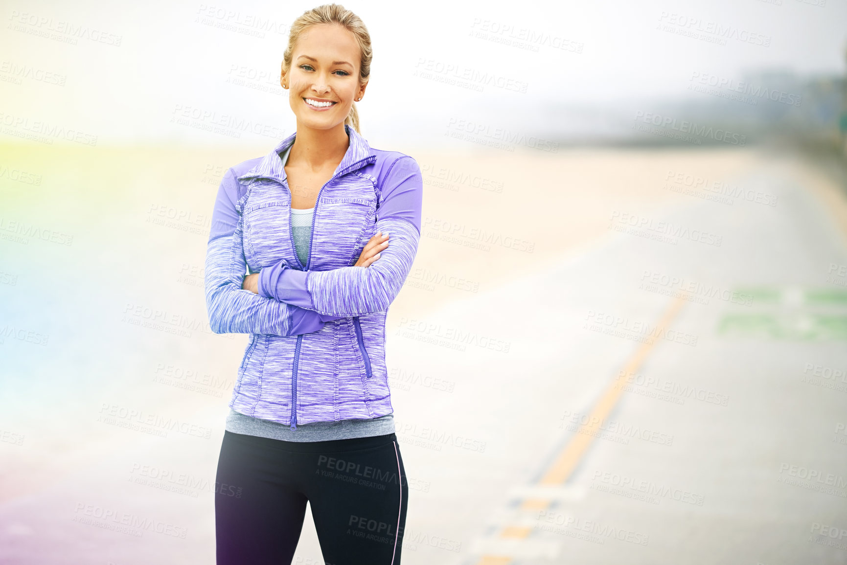 Buy stock photo Road, portrait or woman with arms crossed for exercise, training or fitness workout in promenade. Confident, happy or sports athlete runner with smile ready to start practice at a beach for wellness
