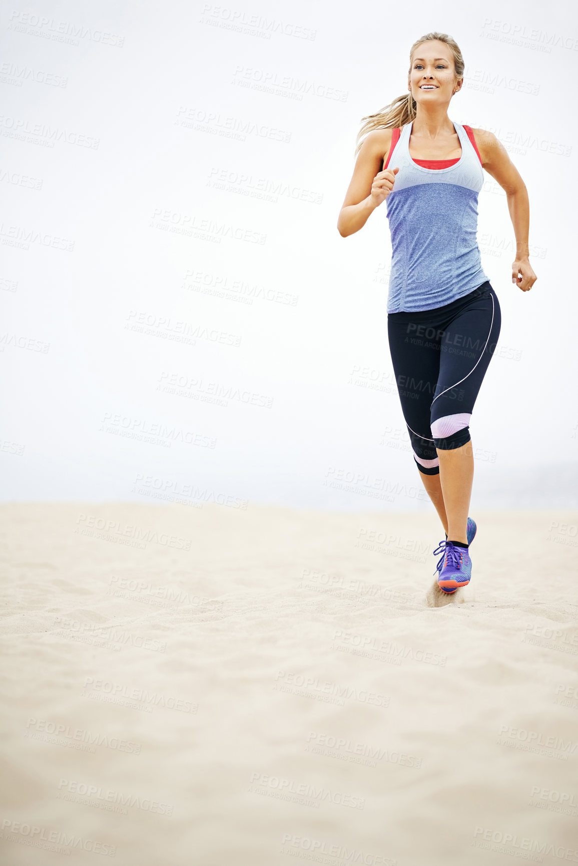 Buy stock photo Mockup, woman and running at beach for exercise, training or fitness workout at sea. Sports, happy athlete and healthy female person on road for cardio endurance, wellness or outdoor activity