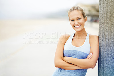 Buy stock photo Woman, runner and portrait by beach road, confident and training for marathon or sports. Female person, outdoors and fitness for healthy body on street, jog and cardio challenge for active workout
