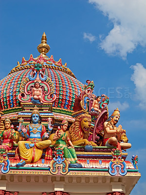 Buy stock photo Hindu temple, Sri Mariamman and blue sky of history, culture and religion architecture in Singapore. Background, indian faith and worship, prayer or spiritual sign of building design, art and roof