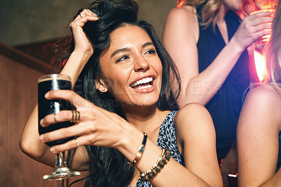 Buy stock photo Young woman with beer, alcohol and party at nightclub with new year celebration and happiness, drinking during night out. Celebrate, cocktails and drink at happy hour with ladies night getting drunk.