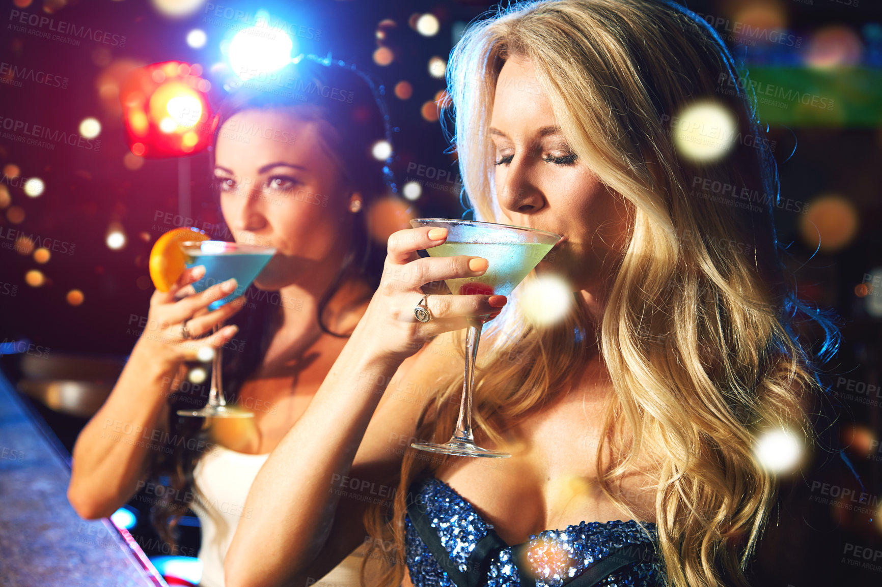 Buy stock photo Women, cocktail and drink at party or nightclub, celebrate new year with alcohol drinks, friends and drinking together. Celebration, fun at happy hour with social and holiday event with cocktails.