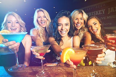 Buy stock photo Party, cocktails and women friends cheers for celebration of birthday, new years or happy hour at a nightclub or event with alcohol. Female group celebrate with drinks for ladies night at a club