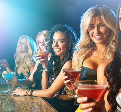 Buy stock photo Happy hour, women and cocktail with portrait of female group ready to dance and drink. Night club, cocktails and dj dancing music with people, drinks and alcohol celebration with a smile