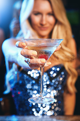 Buy stock photo Party, nightclub and woman with cocktail in hand ready for celebration, toast and cheers on dance floor. Social event, happy hour and closeup of girl with alcoholic drink at disco, rave and club