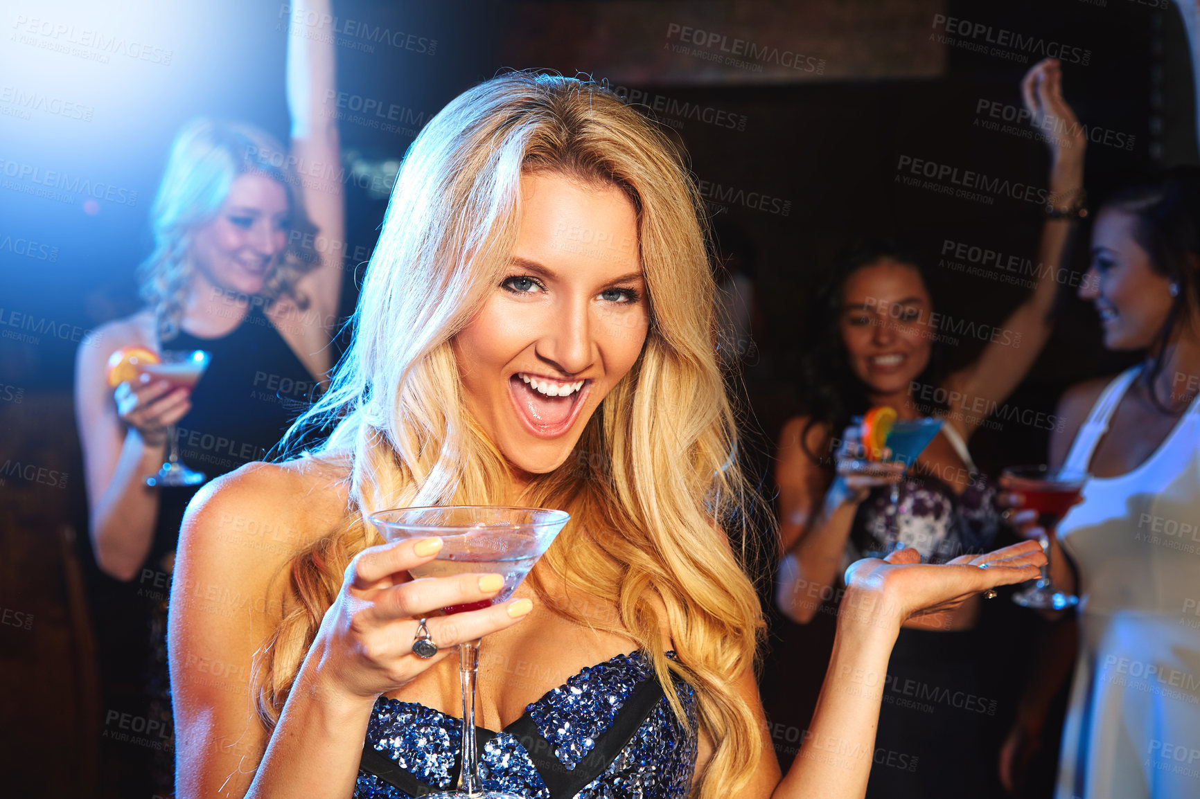 Buy stock photo Party, alcohol and woman at nightclub for dancing, drinks and celebration of birthday, happy hour or new years with cocktail while excited at night. Happy female model with energy, fashion and smile