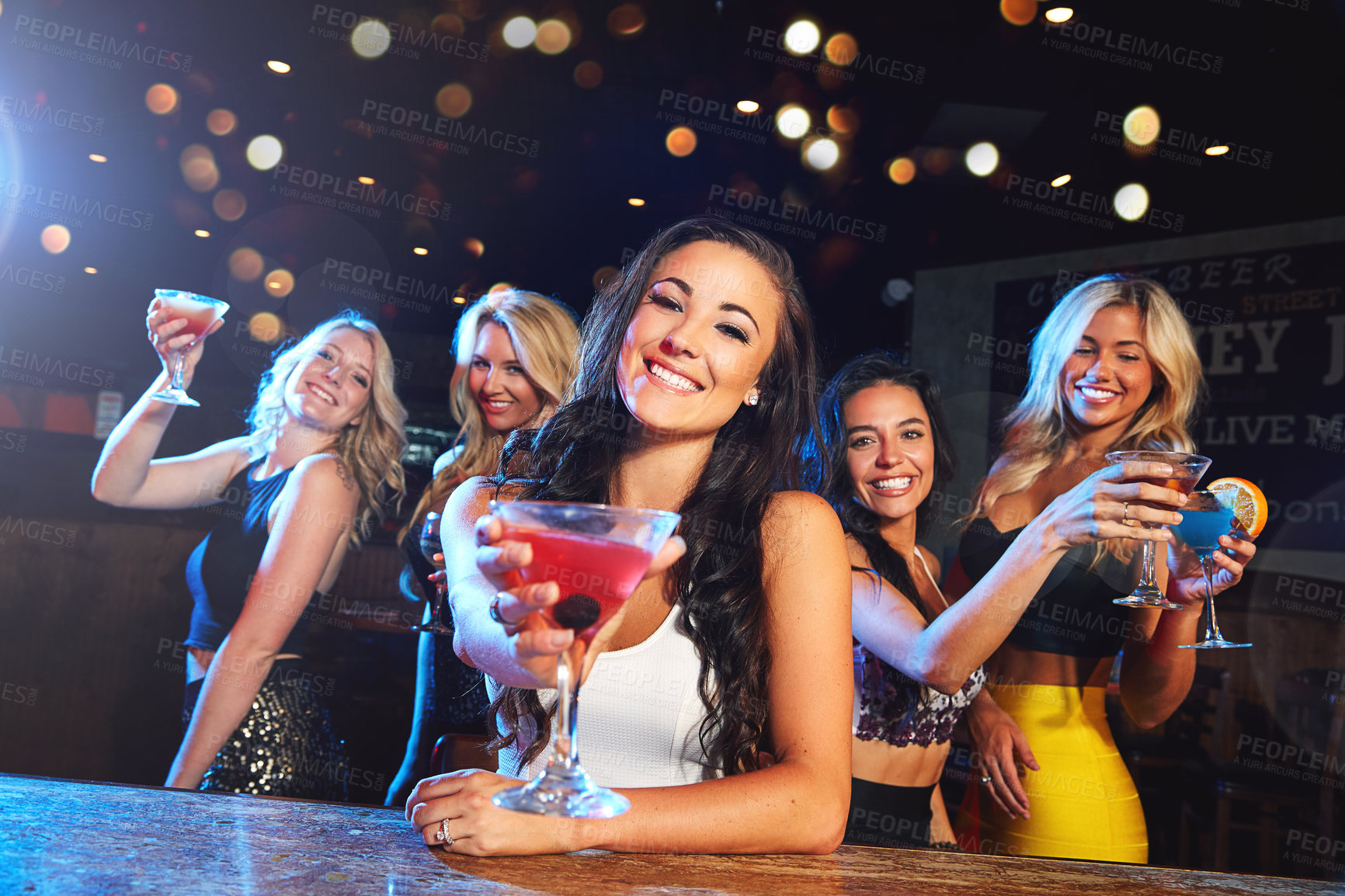 Buy stock photo Party, nightclub and portrait of women with cocktail for cheers, toast and celebration on ladies night. Alcohol, social event and happy female friends enjoy happy hour at rave, disco and cocktail bar