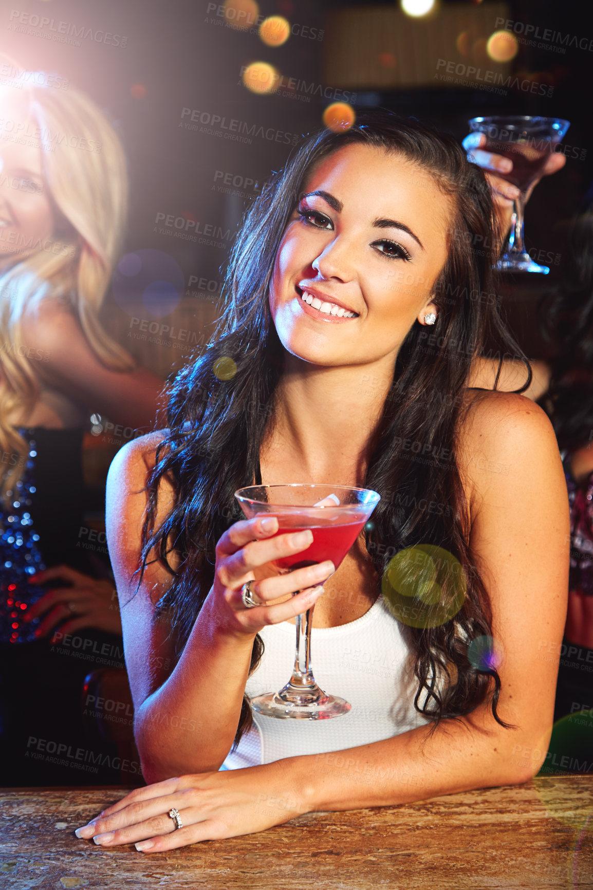 Buy stock photo Woman with cocktail at nightclub, celebration with alcohol drink and new year party, happy hour and social event. Cocktails, club and female drinking, smile and happy to celebrate holiday.