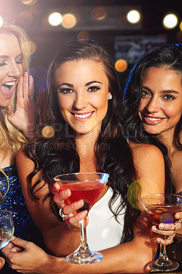 Buy stock photo Women, cocktail drink and party with smile in portrait, friends on night out for new year celebration in nightclub. Alcohol, drinking glasses and happy with cocktails, happy hour and ladies night.