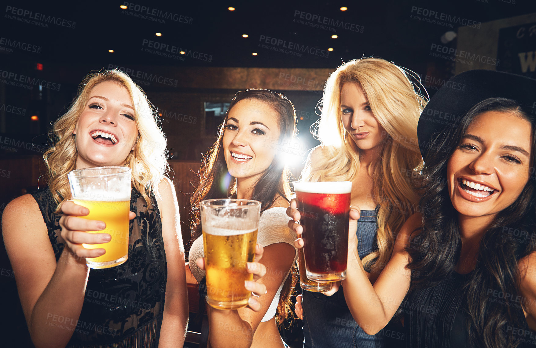 Buy stock photo Portrait of women, nightclub and party with drinks for celebration, new years evening and happy hour event. Happy friends, girls and social drinking in night club, pub and cheers with alcohol beer 