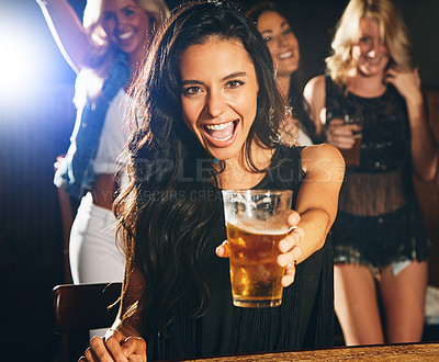 Buy stock photo Woman, face or beer toast at night party, clubbing event or social gathering at holiday music festival, summer break or freedom. Portrait, happy smile or alcohol cheers for students or concert girls
