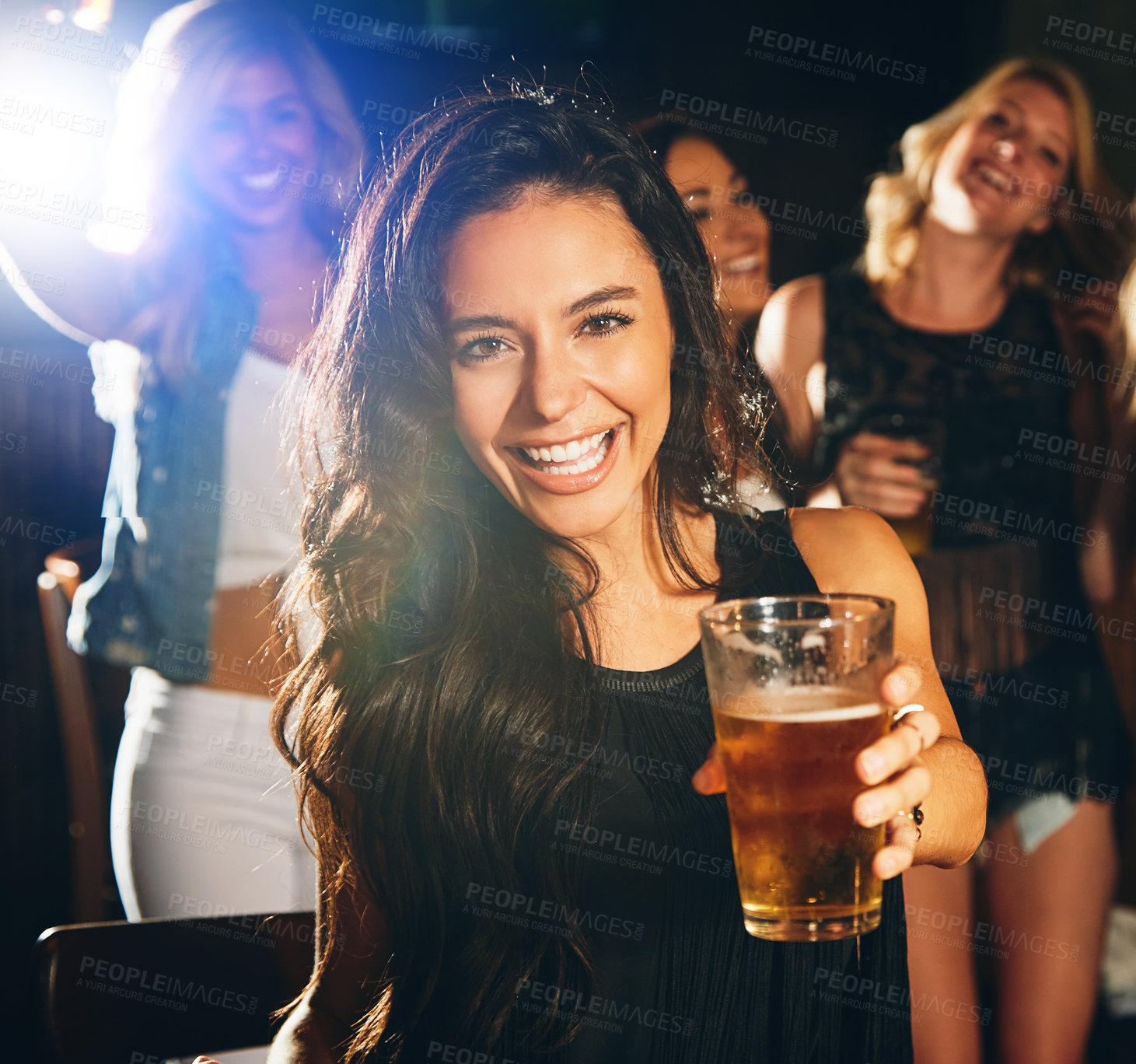 Buy stock photo Happy, beer and woman portrait in a nightclub for new years, social of happy hour event. Happiness, alcohol drink and music of a person ready for dancing, celebration and dj concert with a smile