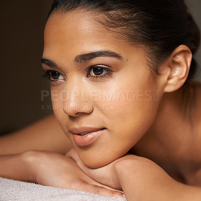 Buy stock photo Woman thinking, face or massage to relax for zen resting or wellness physical therapy in spa hotel. Luxury, skincare or girl dreaming of salon ideas for body healing treatment or holistic detox 