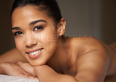 Buy stock photo Happy woman, face portrait or massage to relax for zen resting or wellness physical therapy in spa. Smile, skincare beauty or girl in luxury salon for body healing treatment or holistic detox