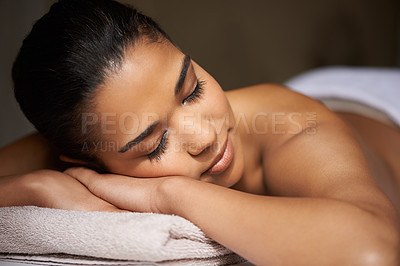 Buy stock photo Girl client, sleeping or massage to relax for zen resting or wellness physical therapy in luxury skincare resort. Calm woman in salon to exfoliate for body healing treatment or natural holistic detox