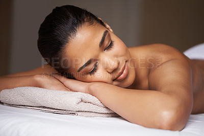 Buy stock photo Girl, sleeping or massage in hotel to relax for zen resting or wellness physical therapy in calm luxury spa. Woman with eyes closed in salon for body healing treatment or natural holistic detox care
