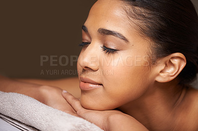 Buy stock photo Woman, eyes closed or massage in hotel to relax for zen resting or wellness physical therapy in luxury spa. Face of girl sleeping in salon resort for body healing treatment or natural holistic detox