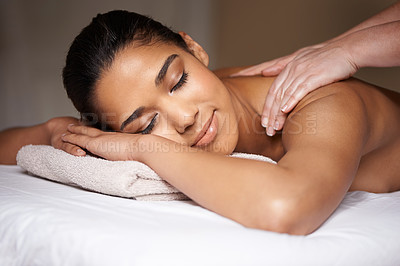 Buy stock photo Girl, sleeping or hands for back massage in hotel to relax for zen resting or wellness physical therapy. Face of woman in salon spa for body healing treatment or natural holistic detox by masseuse 