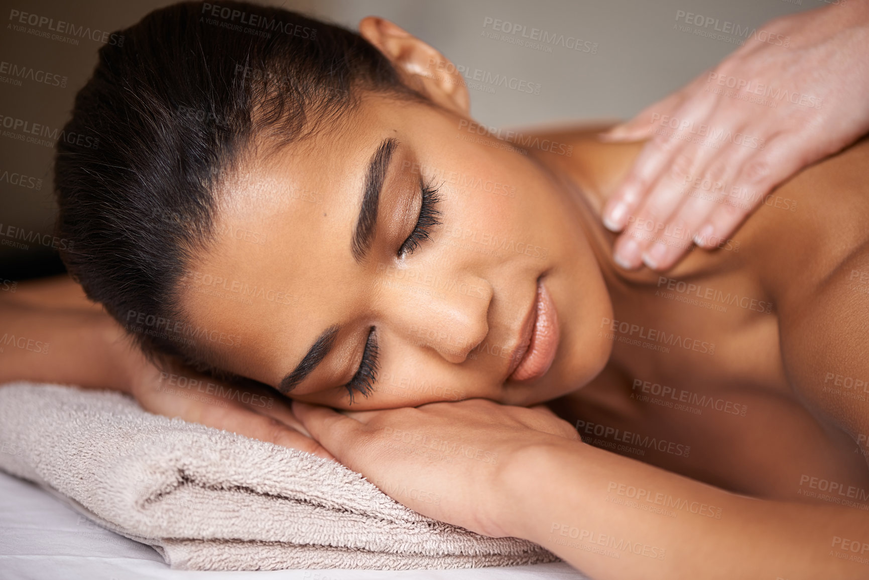 Buy stock photo Girl, eyes closed or hands for back massage in hotel to relax for zen resting or wellness physical therapy. Face of woman in salon spa for body healing, sleeping or natural holistic detox by masseuse
