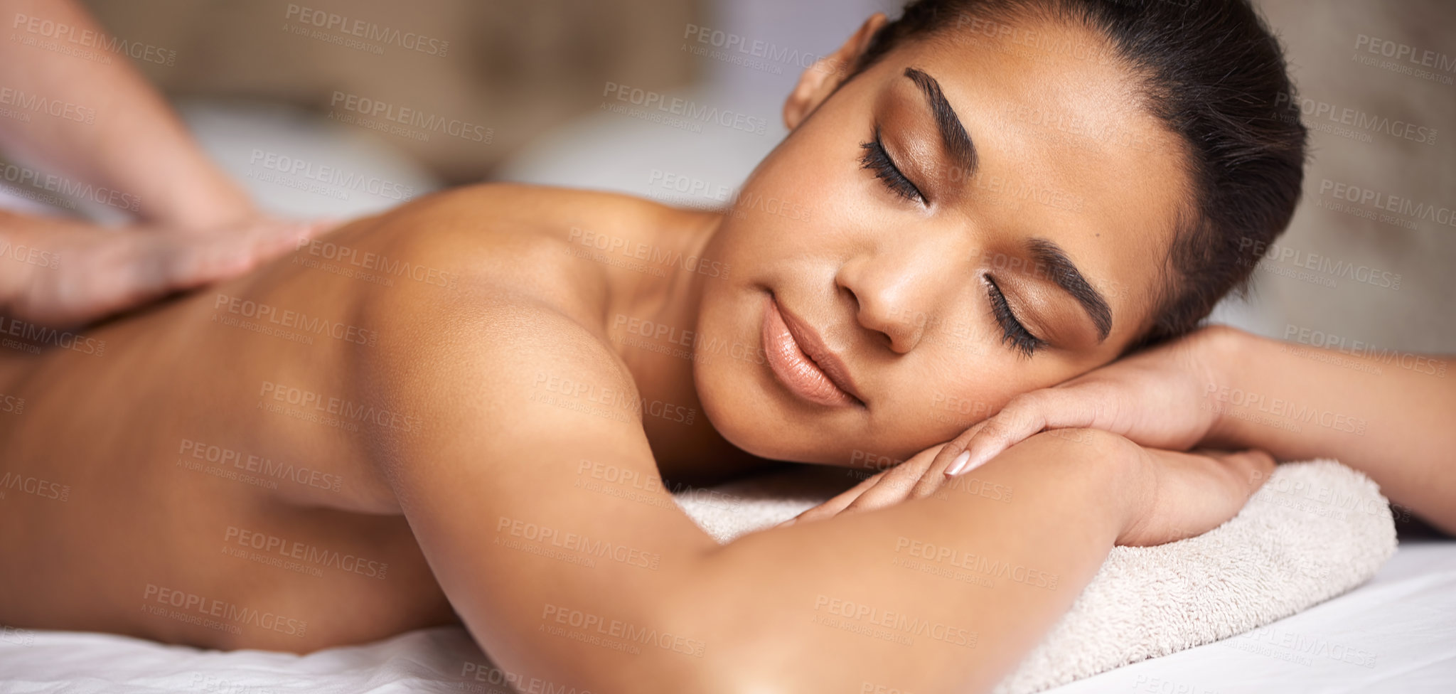 Buy stock photo Woman, eyes closed or hands for massage in hotel spa to relax for zen resting or wellness physical therapy. Face of girl in salon for body healing, sleeping or natural holistic detox by masseuse 