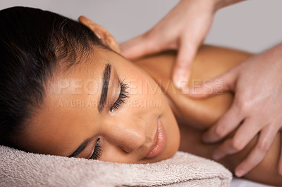 Buy stock photo Girl, sleep or hands for massage in spa to relax for zen resting, wellness or luxury physical therapy. Spine or face of woman in salon for body healing, sleeping or natural holistic detox by masseuse