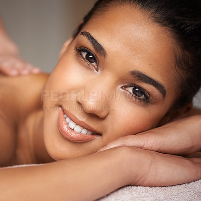 Buy stock photo Happy girl, portrait or massage in spa to relax for zen resting or wellness physical therapy in luxury resort. Face of woman smiling in salon for body healing treatment or natural holistic detox 