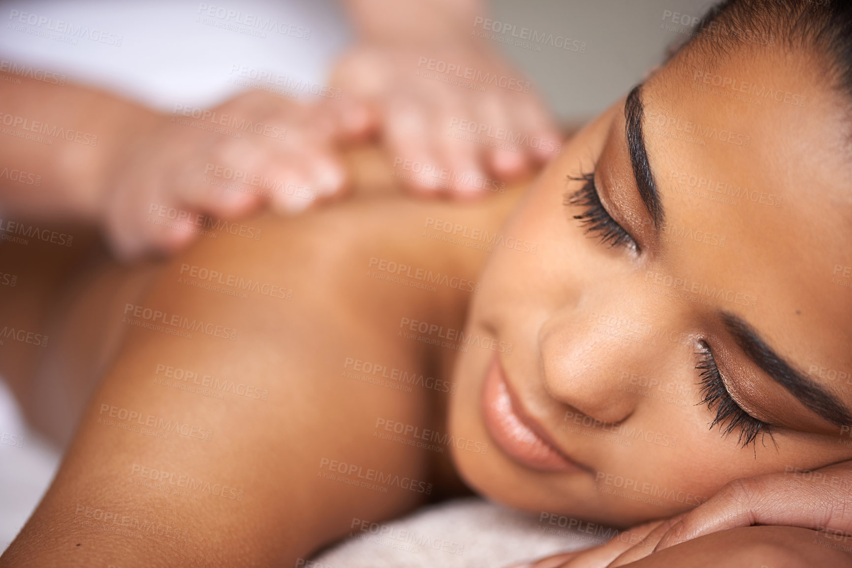Buy stock photo Woman, sleeping or hands for massage in hotel spa to relax for zen resting or wellness physical therapy. Face closeup of girl client in salon for body healing or natural holistic detox by masseuse 
