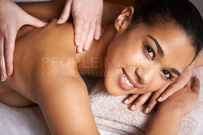 Buy stock photo Portrait of happy woman, hands or massage to relax for zen resting or wellness physical therapy in luxury resort. Face of girl smiling in hotel for body healing treatment or natural holistic detox 