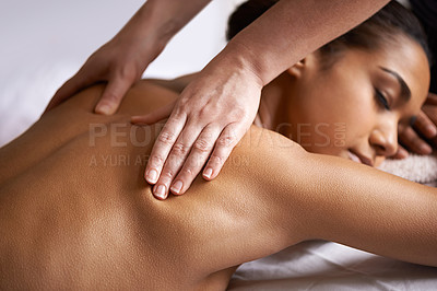 Buy stock photo Girl, eyes closed or hands for back massage in salon to relax for zen resting or wellness physical therapy. Closeup of woman in spa for body healing, sleeping or natural holistic detox by masseuse 