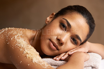 Buy stock photo Portrait, body scrub or massage for woman to relax for resting or wellness physical therapy in spa. Face of calm girl client in beauty salon to exfoliate for a healthy skincare healing treatment 