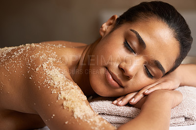 Buy stock photo Eyes closed, body scrub or back massage for woman to relax for resting or wellness physical therapy in spa. Girl client sleeping in beauty salon to exfoliate for a healthy skincare healing treatment