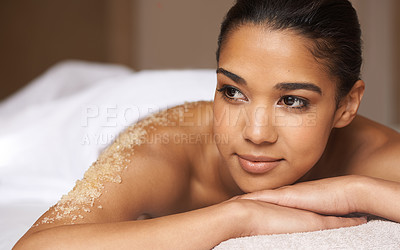 Buy stock photo Woman thinking, body scrub or massage in spa to relax for zen healing or wellness physical therapy. Thoughtful face of calm girl dreaming of salon to exfoliate for luxury skincare treatment or beauty