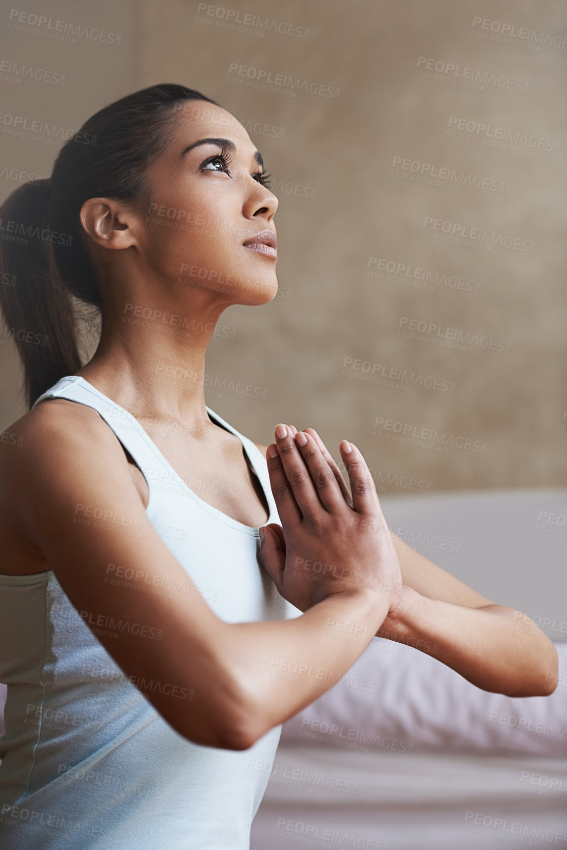 Buy stock photo Yoga, meditation and woman in home in praying pose for calm, balance and zen mindset in morning. Thinking, mental health and person with lotus hands for wellness, mindfulness and in living room