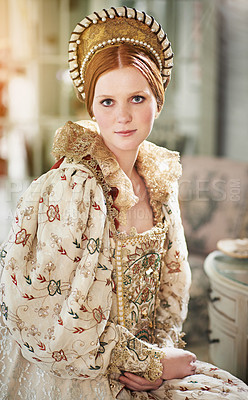 Buy stock photo Portrait, medieval and woman in a home with queen crown, renaissance and royalty in a palace room. Luxury, bedroom and royal female person in the morning with vintage and classic costume in history