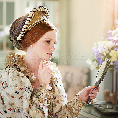 Buy stock photo Thinking, medieval and woman mirror in a home with queen, renaissance and reflection in a palace room. Luxury, bedroom and royal female person at morning with vintage and classic costume in history