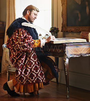 Buy stock photo Man, aristocrat and writing with quill in book for renaissance, royalty aesthetic and letter in palace. Monarch, wealthy person and elegant clothes for cosplay, regal or communication in castle