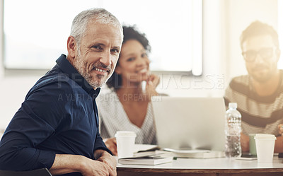 Buy stock photo Portrait of a mature office worker sitting at a table with colleagues in the background