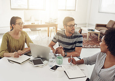 Buy stock photo Laptop, discussion and team of creative business people in meeting for brainstorming startup ideas. Diverse group, collaboration and project strategy for training, planning and editor writing notes