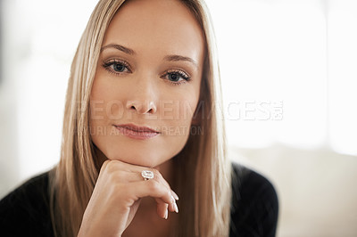 Buy stock photo Woman, portrait and thinking for relax and idea for future or plan in home or indoor on weekend. Young person and face for thoughtful and pensive for contemplate with style and glamour on mockup 